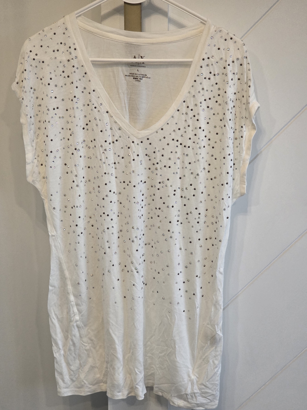 Armani Exchange White V-Neck Short Sleeve Top with Silver Studs